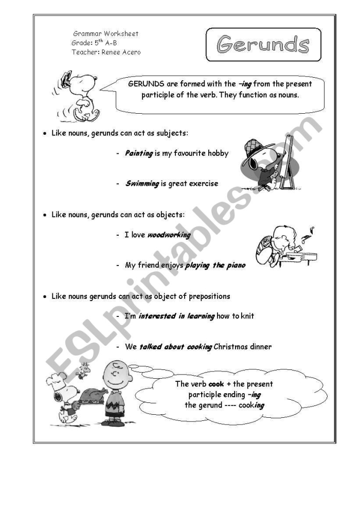 Worksheet for practicing gerunds and gerund phrases for seventh graders