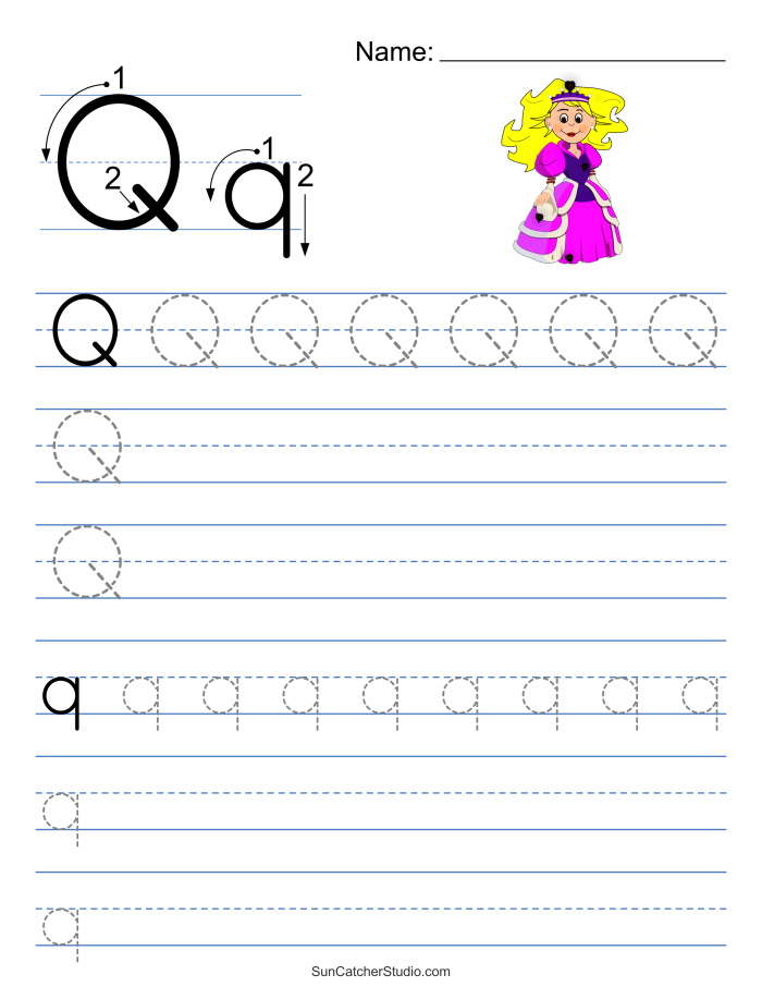 Worksheet for learning about the letter Q with handwriting and coloring activities