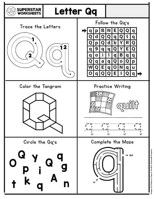 Worksheet featuring the letter Q with activities for handwriting, letter recognition, and coloring