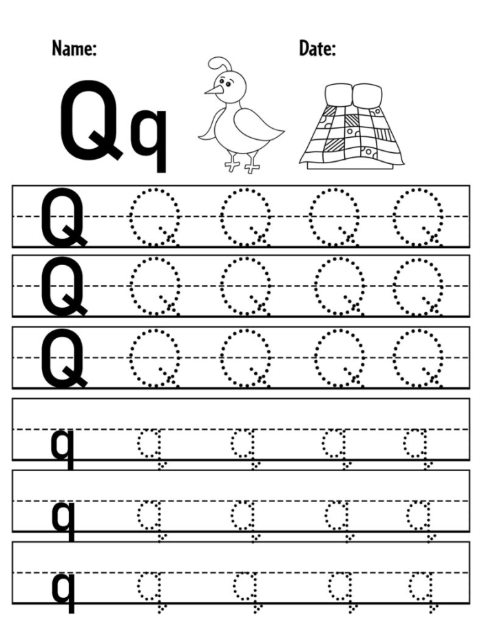 Worksheet featuring the letter Q with activities for handwriting, letter recognition, and coloring for Pre-K children