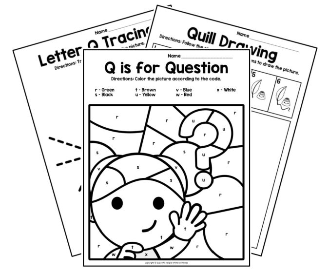 Worksheet featuring engaging activities for the letter Q, including handwriting and coloring tasks