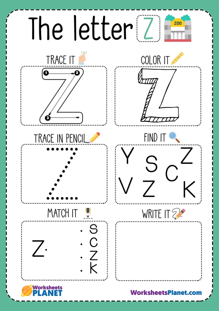 Worksheet for preschoolers to practice identifying and writing the letter Z