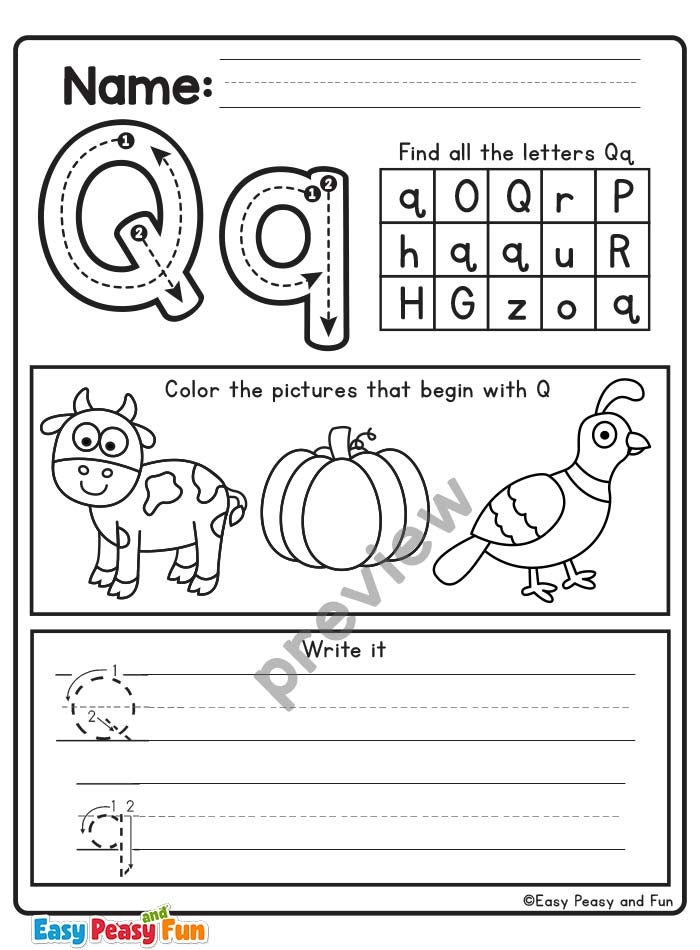 Worksheet for learning the letter Q with fun activities like handwriting and coloring