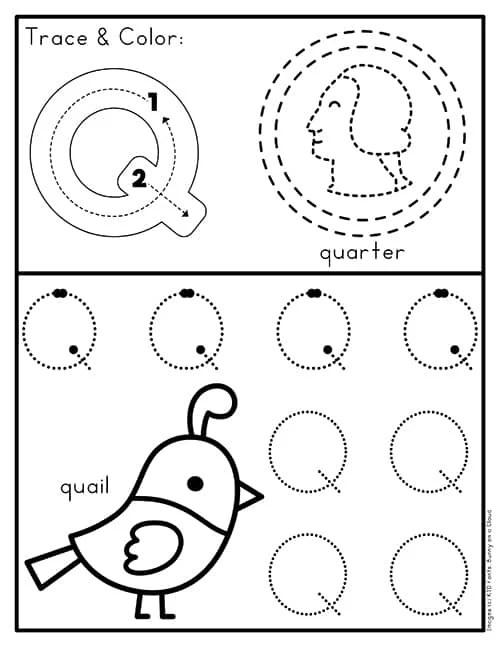 Worksheet featuring fun activities for the letter Q, including handwriting and coloring tasks. Get Ready for Reading: All About the Letter Q for Pre-K students.