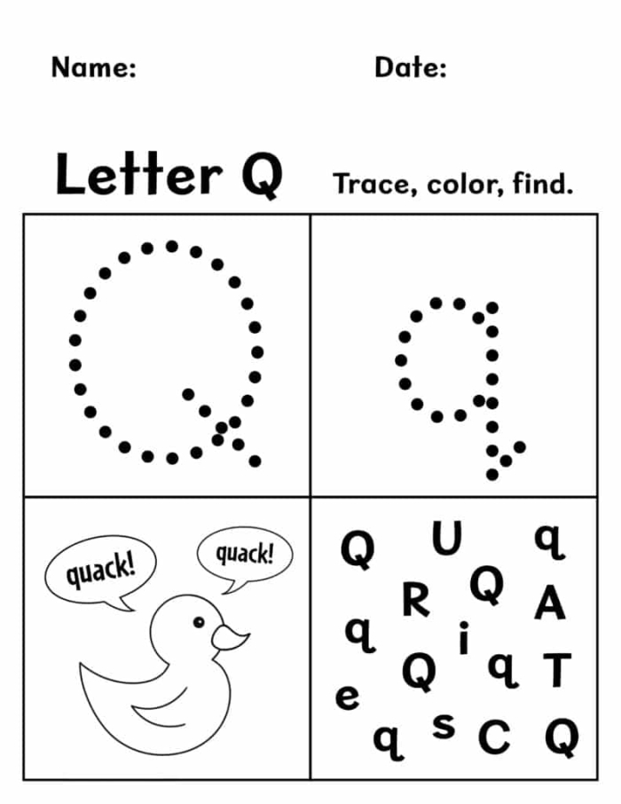 Worksheet featuring the letter Q with engaging activities for Pre-K learners