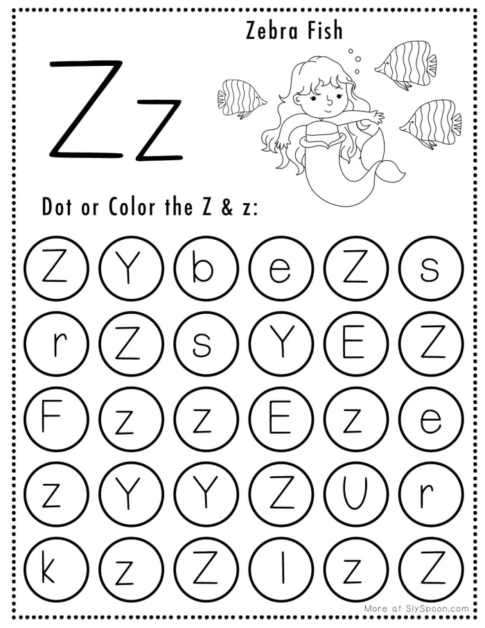Worksheet featuring the letter Z for preschool reading practice