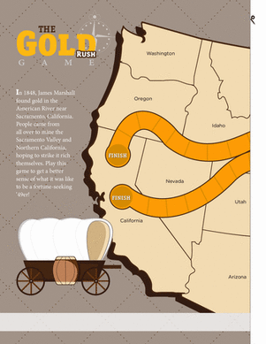 Fourth Grade Physical Science Gold Rush Worksheet featuring a colorful board game about the California Gold Rush