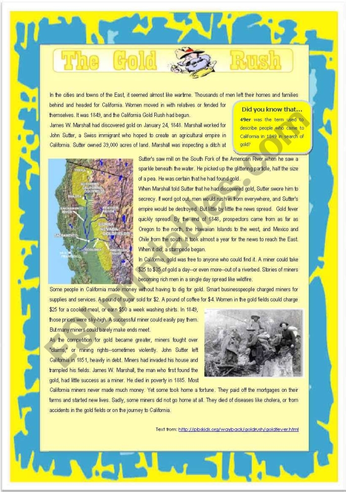 A fourth grade physical science worksheet featuring a board game about the California Gold Rush