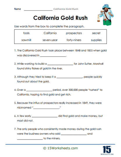 Fourth Grade Physical Science Gold Rush Worksheet featuring a California Gold Rush board game