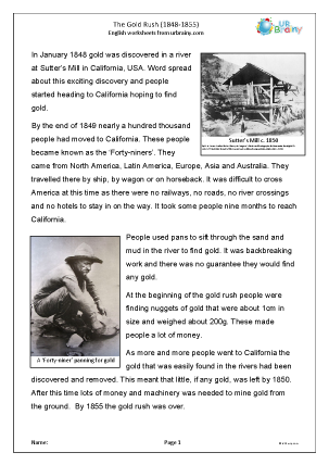 Fourth Grade physical science worksheet featuring a California Gold Rush themed board game