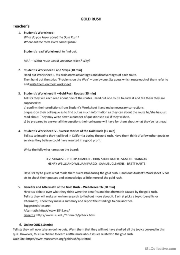 Fourth Grade physical science Gold Rush worksheet featuring a California Gold Rush board game