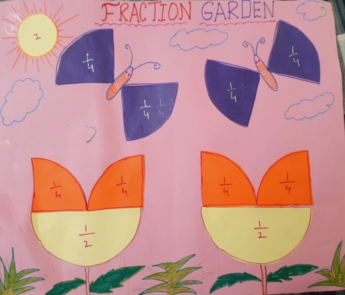 Third grade student coloring garden plots while practicing fraction reduction skills on a fractions worksheet