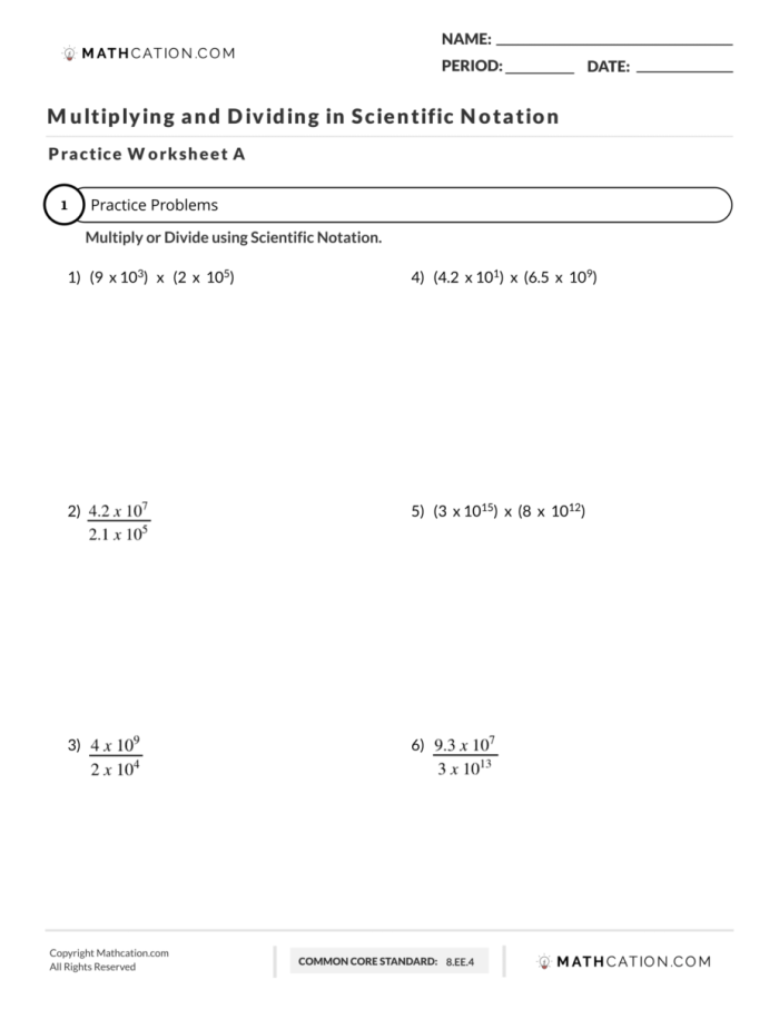 Interactive matching worksheet activity for practicing scientific notation operations with answer pairs Eighth grade students matching multiplication and division problems written in scientific notation format