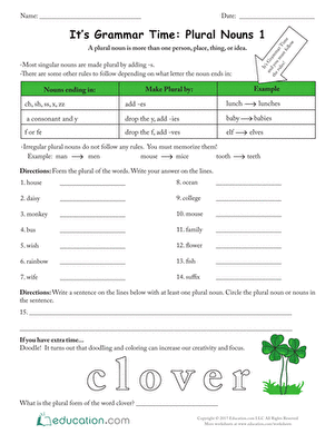 It’s Grammar Time: Plural Nouns 2 worksheet for practicing noun transformations Worksheet featuring exercises on transforming singular nouns into plural forms for second graders