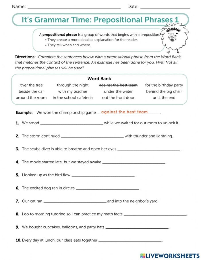 Worksheet titled "It's Grammar Time: Prepositional Phrases 2" for third graders. Engaging exercise to enhance sentence detail with prepositional phrases.