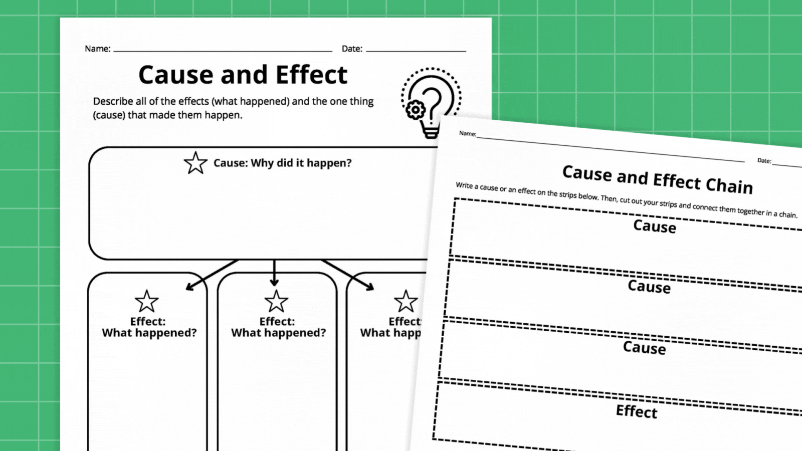 Graphic organizer for third graders illustrating cause and effect relationships in reading. Cause & Effect worksheet for French language learners in third grade.
