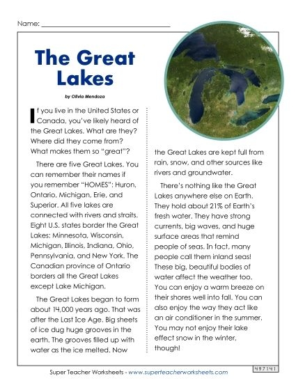 Second grade worksheet featuring trivia questions about the 5 Great Lakes for alphabet learning