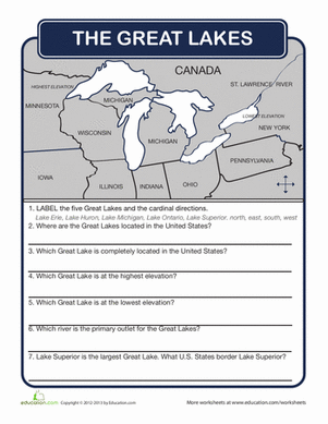 Second grade worksheet about the 5 Great Lakes including Lake Superior, Michigan, Huron, Erie, and Ontario