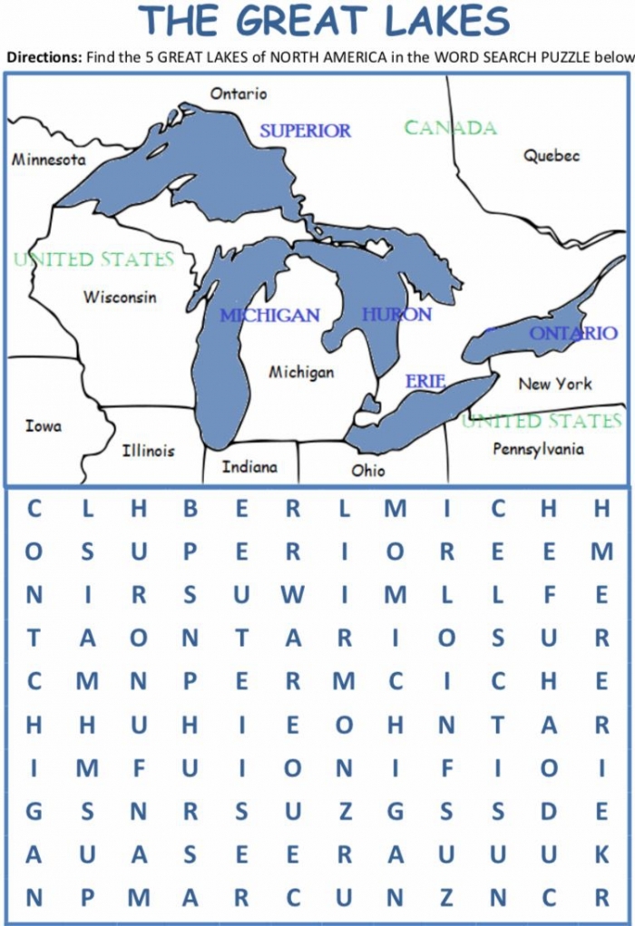 Illustration of the 5 Great Lakes with simple trivia for second graders