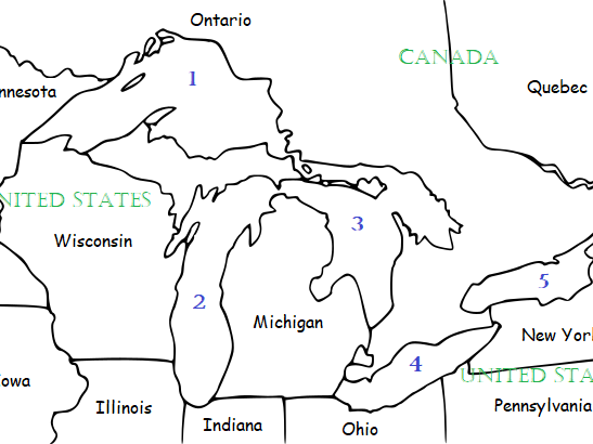 Second grade worksheet featuring trivia questions about the five Great Lakes for young learners