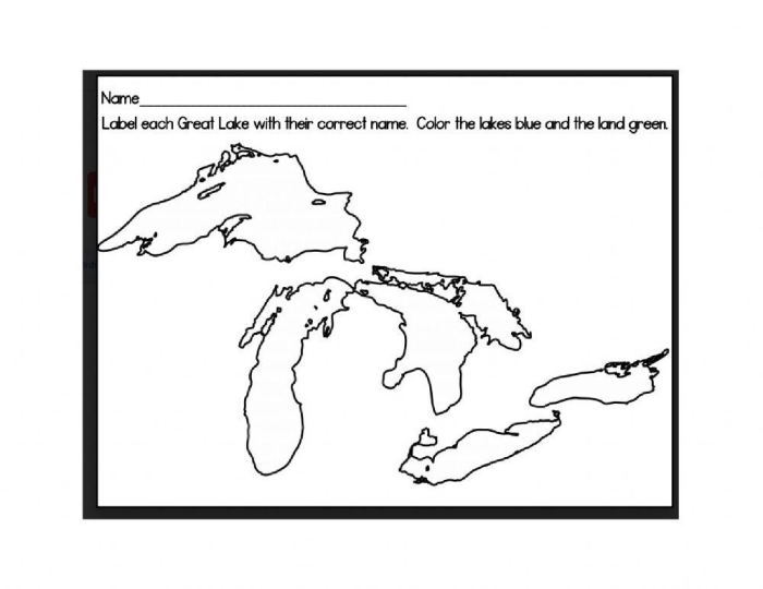 Second Grade worksheet featuring trivia questions about the five Great Lakes for alphabet learning