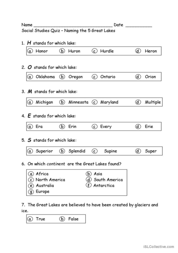 Second Grade worksheet featuring trivia questions about the 5 Great Lakes including Superior and Ontario