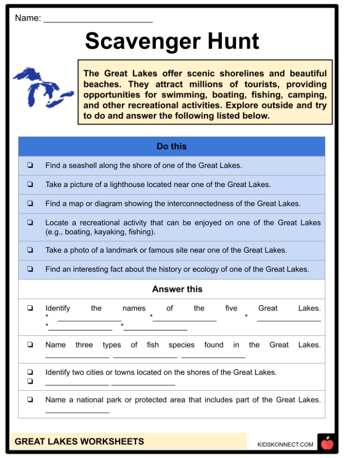 Second Grade worksheet featuring trivia about the 5 Great Lakes including Superior, Michigan, Huron, Erie, and Ontario