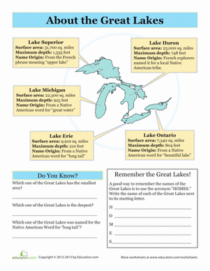 Second grade worksheet featuring trivia questions about the 5 Great Lakes