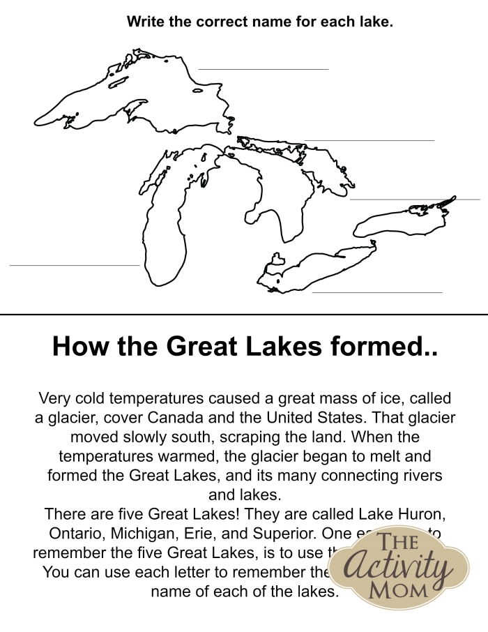 Second grade worksheet featuring trivia questions about the 5 Great Lakes