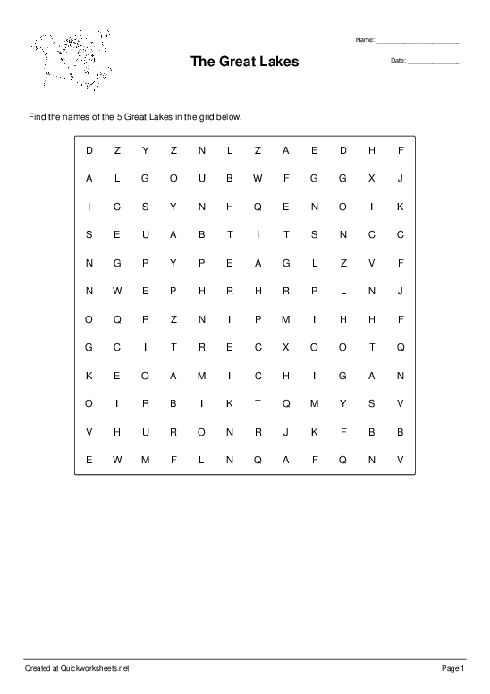Second Grade worksheet featuring trivia questions about the 5 Great Lakes including Superior, Michigan, Huron, Erie, and Ontario