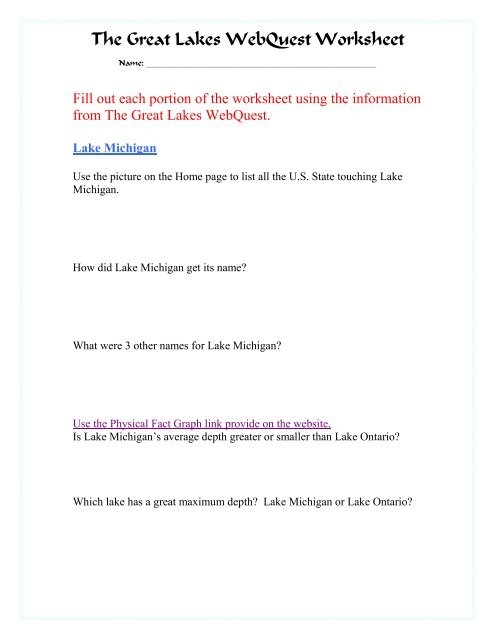 Second grade worksheet about the five Great Lakes including trivia questions