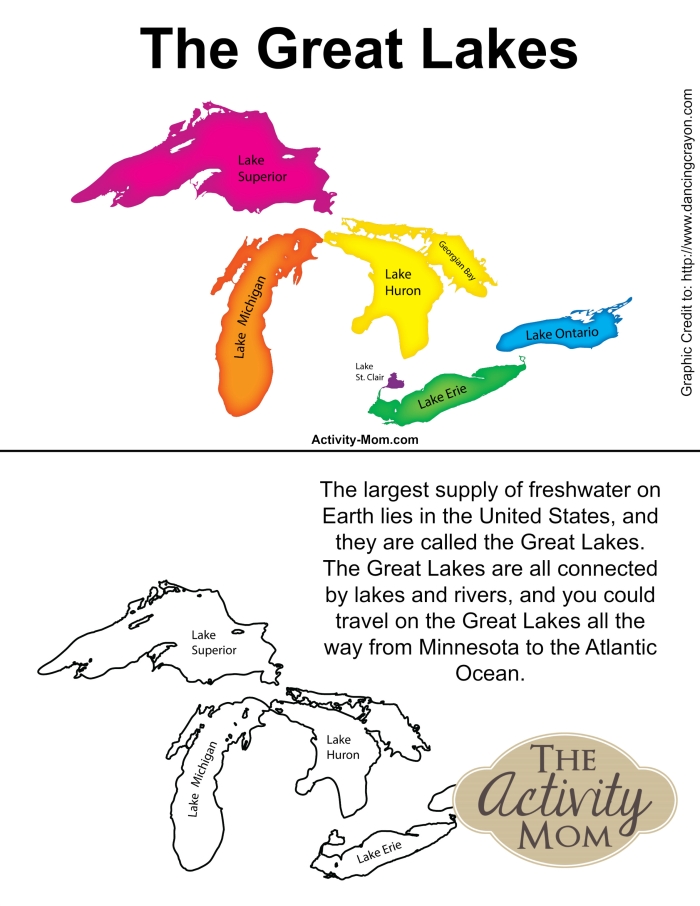 Second grade worksheet featuring trivia questions about the 5 Great Lakes including Superior, Michigan, Huron, Erie, and Ontario