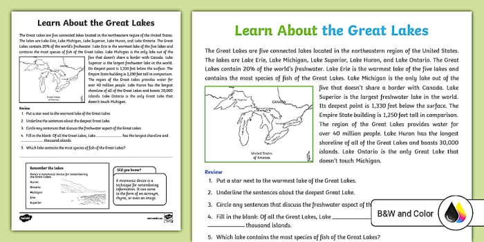 Second grade worksheet about the five Great Lakes with trivia questions number 21