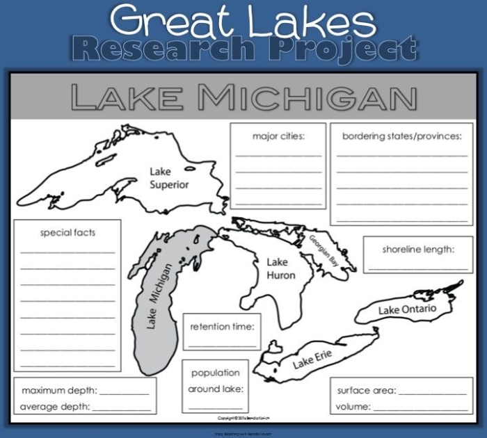 Second grade worksheet featuring trivia questions about the 5 Great Lakes including Superior, Michigan, Huron, Erie, and Ontario