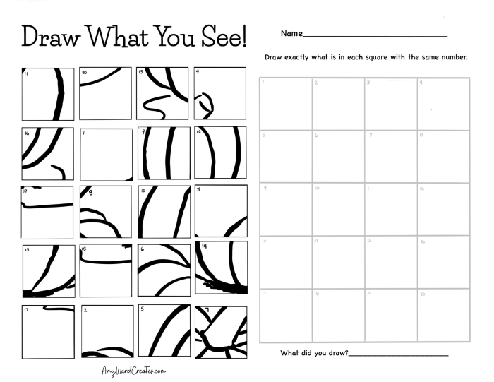 Fifth Grade Grid Art Activity 10: Mathematical Drawing Practice with Grid Squares Grid art worksheet showing a fifth grade student using squares to recreate an illustration with exponents and roots math concepts