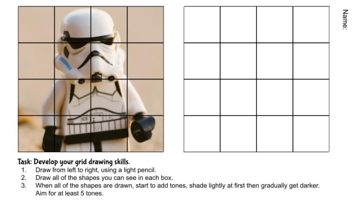 Fifth Grade Grid Art: Learn Drawing Through Mathematical Grids Number 16 Grid Art worksheet showing a fifth grade student using the grid method to draw and copy an illustration while practicing exponents and roots