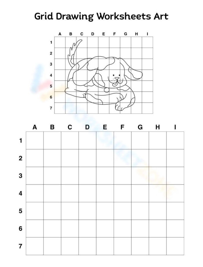 Grid Art Worksheet 7: Drawing with Grid Squares for Math and Art Practice Fifth grade students using grid squares to draw and copy an illustration as part of a math art activity on exponents and roots