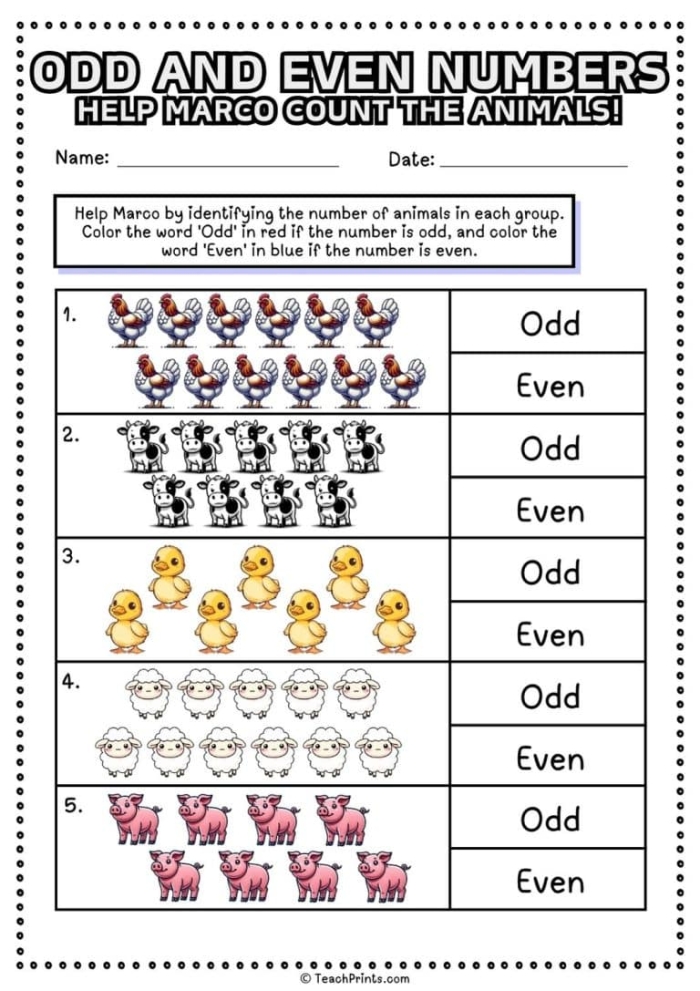 First Grade Math Activity: Grouping Odd and Even Numbers Worksheet Colorful worksheet for 1st graders focusing on grouping objects as odd or even numbers