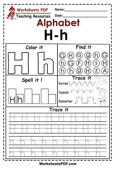 Phonics worksheet for Pre-K Worksheet featuring the letter H designed for preschool phonics activities and coloring. Fun and engaging H Is For... worksheet for early learners to practice their alphabet skills.