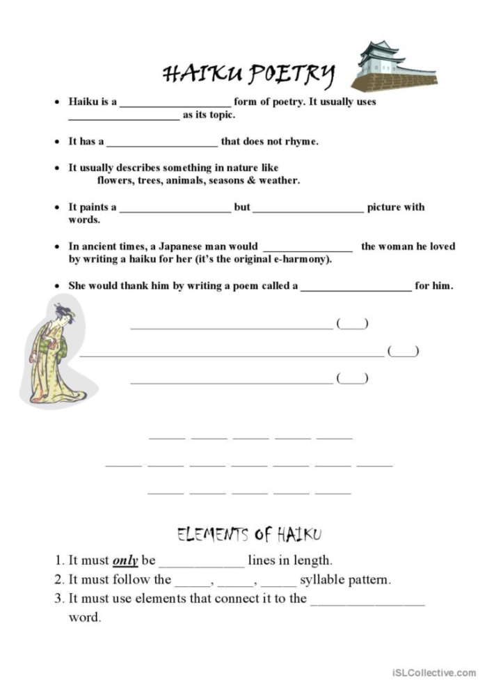 Haiku worksheet for young writers exploring the basics of haiku poetry form Second grade students completing a Compose a Haiku worksheet focused on simple poetry