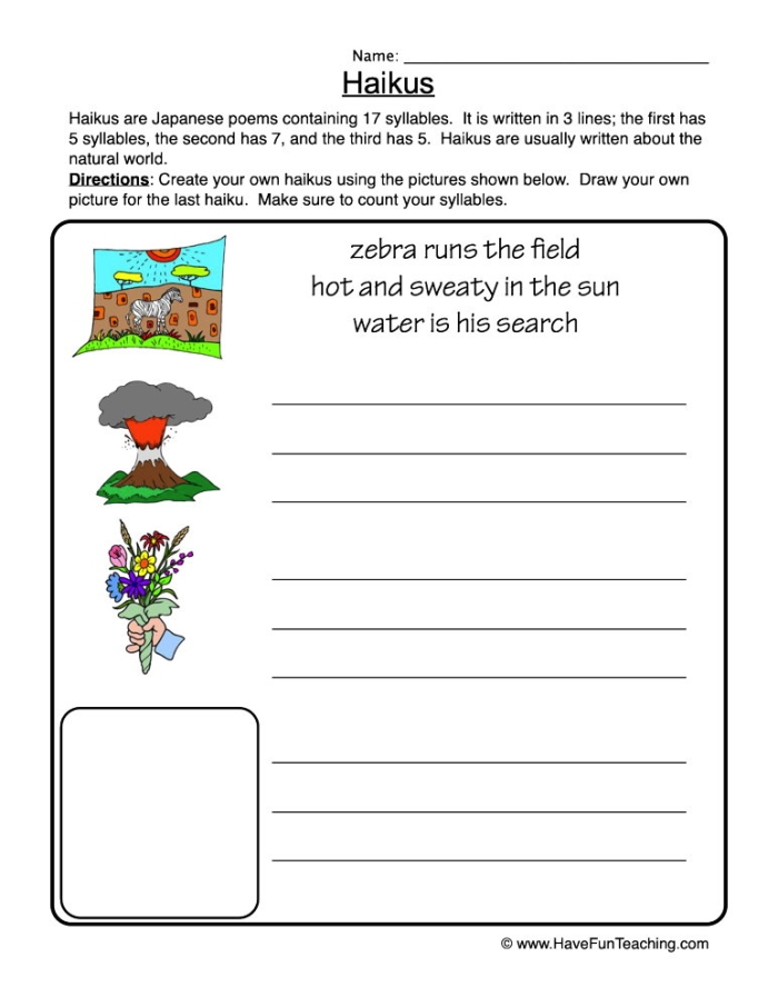 Compose a Haiku worksheet for young learners to explore creative writing and poetry basics Second grade student completing a Compose a Haiku worksheet focused on simple poetry