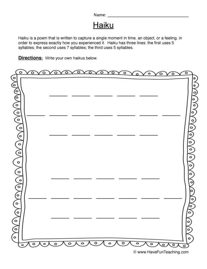 Haiku worksheet for young poets exploring simple poetry forms in grade two Second grade student working on a Compose a Haiku worksheet about history
