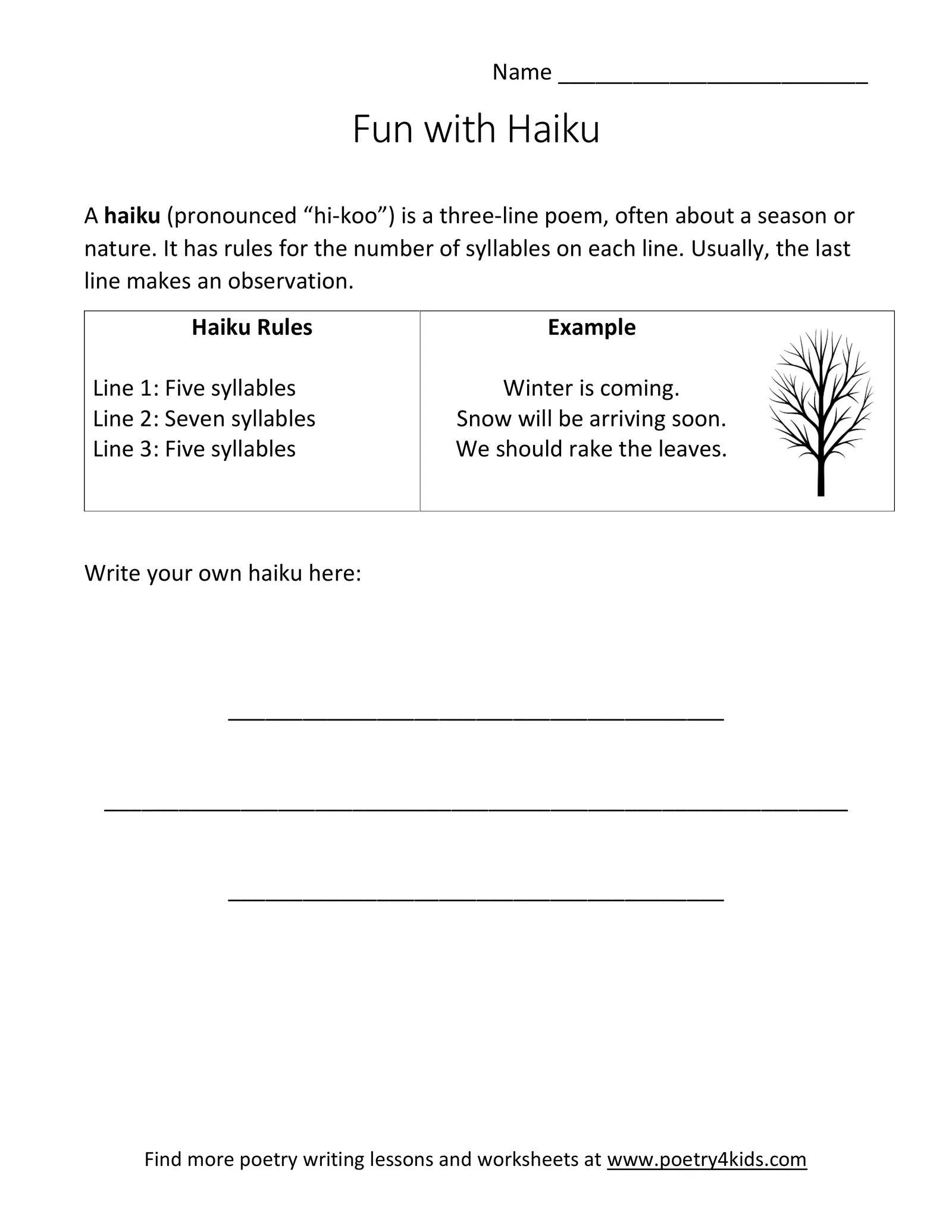 Compose a Haiku worksheet for young poets exploring simple poetry forms Second Grade student writing a haiku poem on a worksheet with historical theme