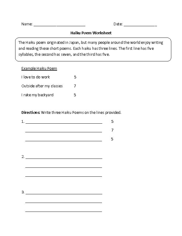 Discover haiku skills with our easy poetry worksheet for young writers 18 Second grade student working on a compose a haiku worksheet in history class