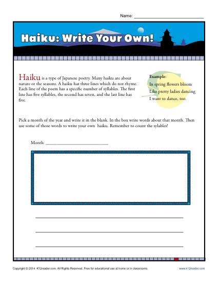Compose a Haiku worksheet for young poets exploring simple poetry forms Second grade students practicing haiku writing on a colorful worksheet