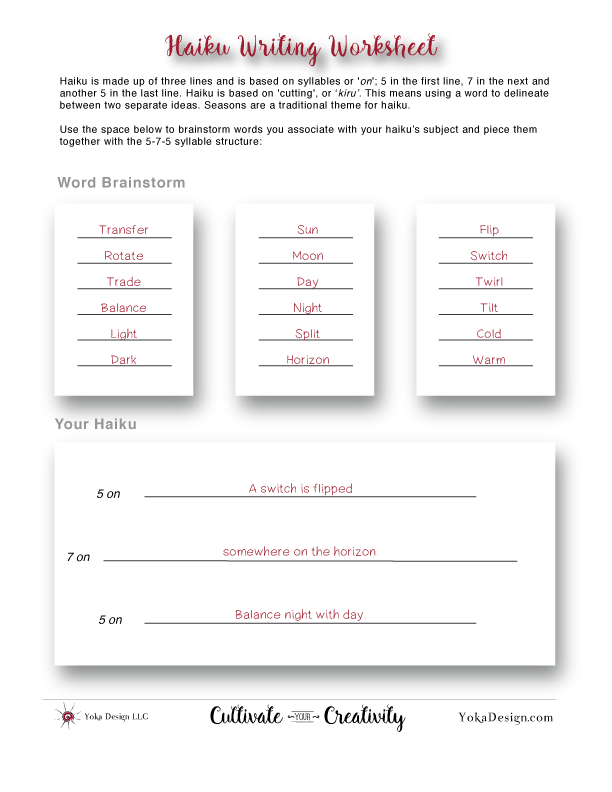 Compose a Haiku worksheet designed for young poets in history class Second grade student writing a haiku poem on a colorful worksheet