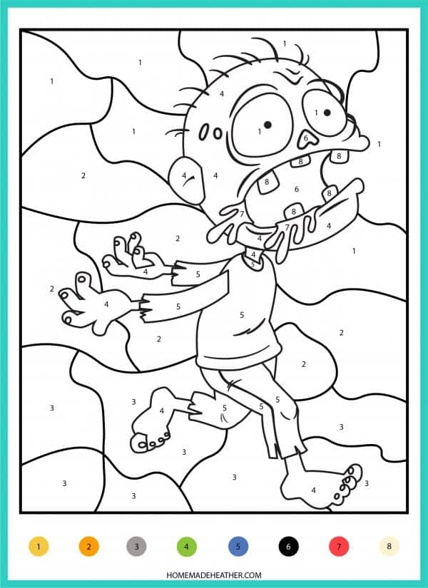 Halloween color-by-number worksheet featuring a spooky hidden image for kids to color. Interactive Halloween-themed activity for Pre-K students to explore measurement concepts.