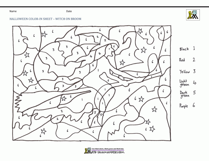 Halloween color-by-number worksheet featuring a spooky hidden image for Pre-K students