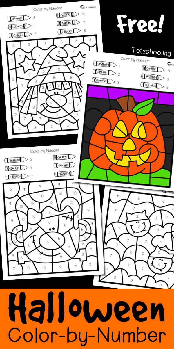 Halloween color-by-number worksheet featuring a spooky hidden picture for Pre-K students