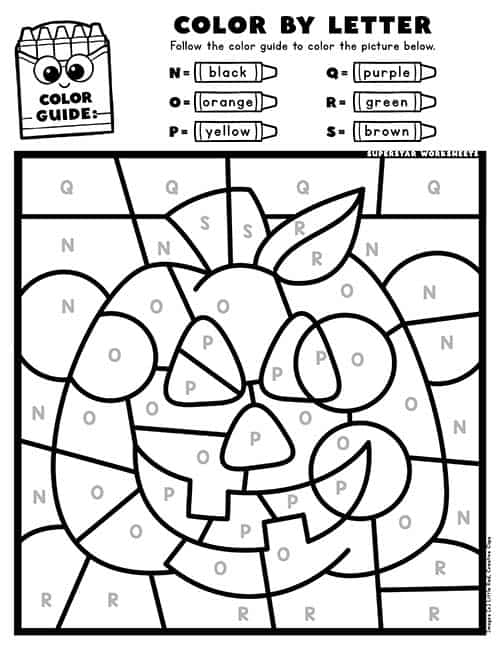 Halloween color-by-number worksheet featuring a spooky hidden picture for kids